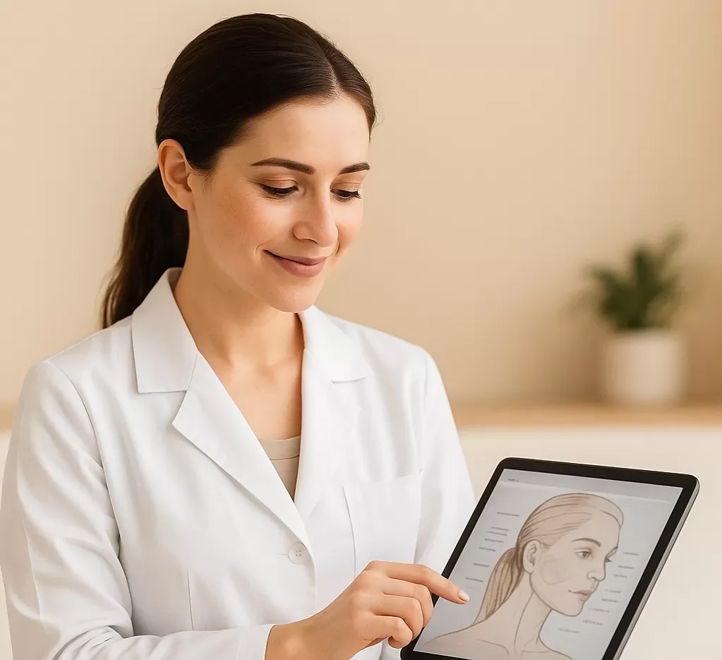 Frau im weißen Kittel mit Gesichtsdarstellung auf dem Tablet – Online-Ausbildung in ästhetischer Medizin