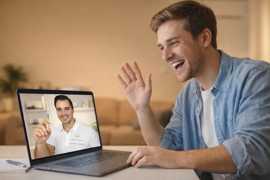 Kostenloses Webinar zur ästhetischen Medizin – Mann beim Lernen am Laptop